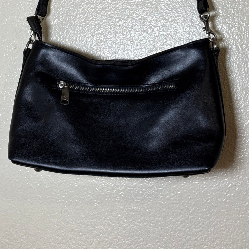 Patricia Nash Black Leather Shoulder Bag‎ Silver Hardware Zip Small Hobo Purse - Picture 7 of 16